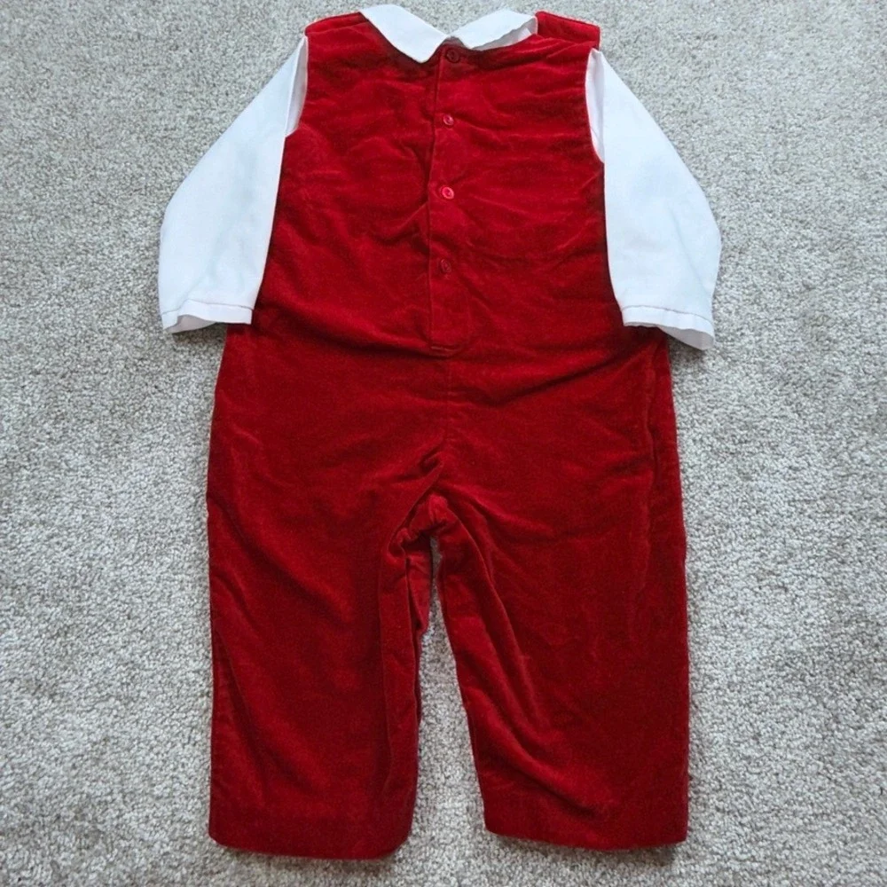 Carriage Boutiques Red Velvet Overalls & White Shirt Set 9M